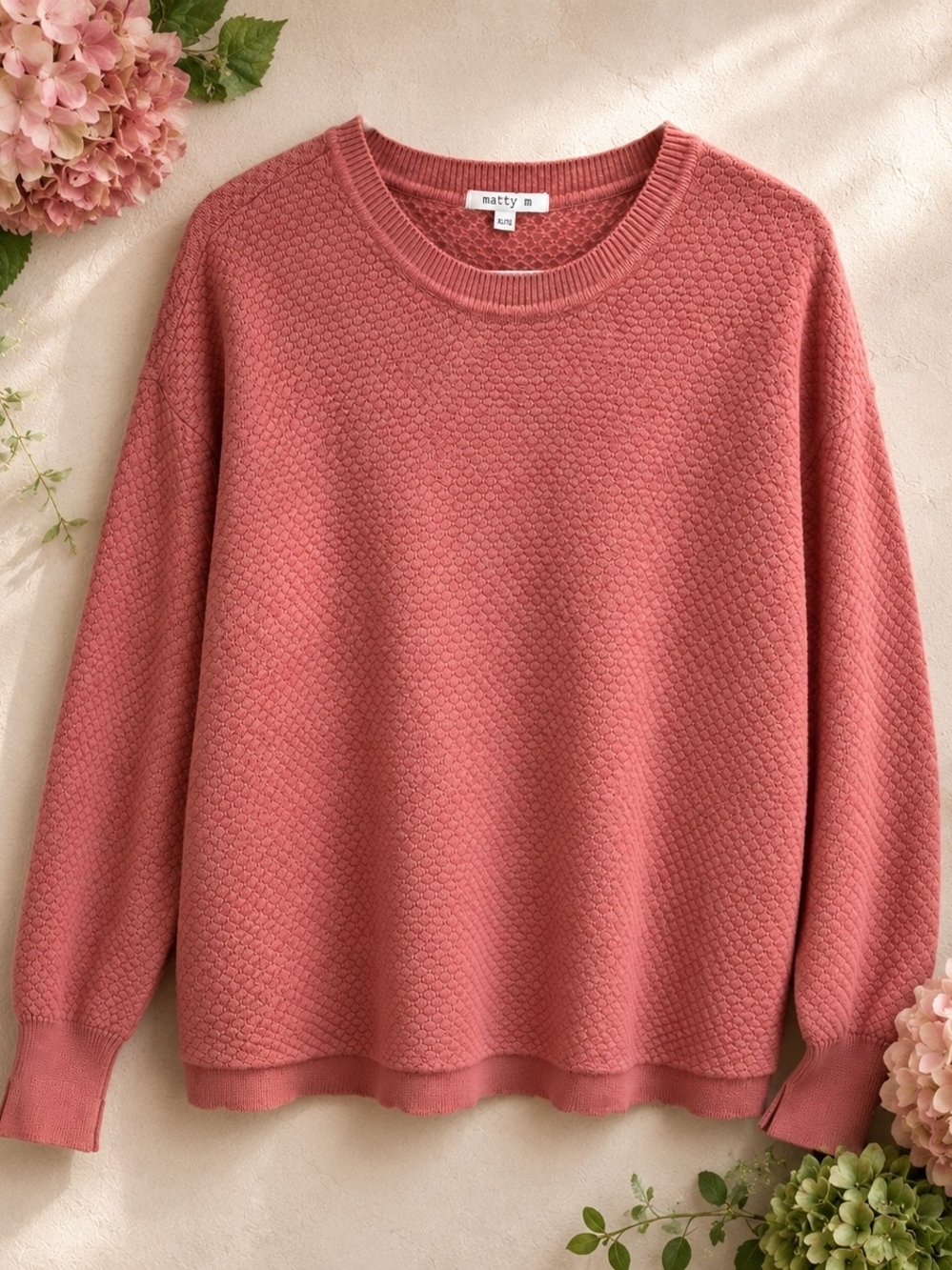 Matty M Dusty Rose Textured Knit Sweater XL 100% Cotton Long Sleeve Cozy Pullovr